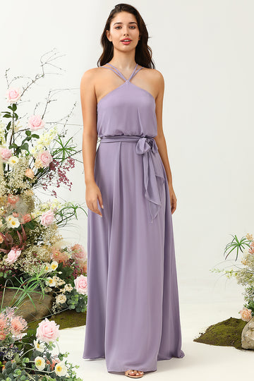 En Line Halter Purple Long Brudepige Kjole med Bowknot